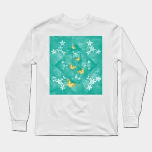 Gold butterflies and silver flowers on a textured teal mandala Long Sleeve T-Shirt